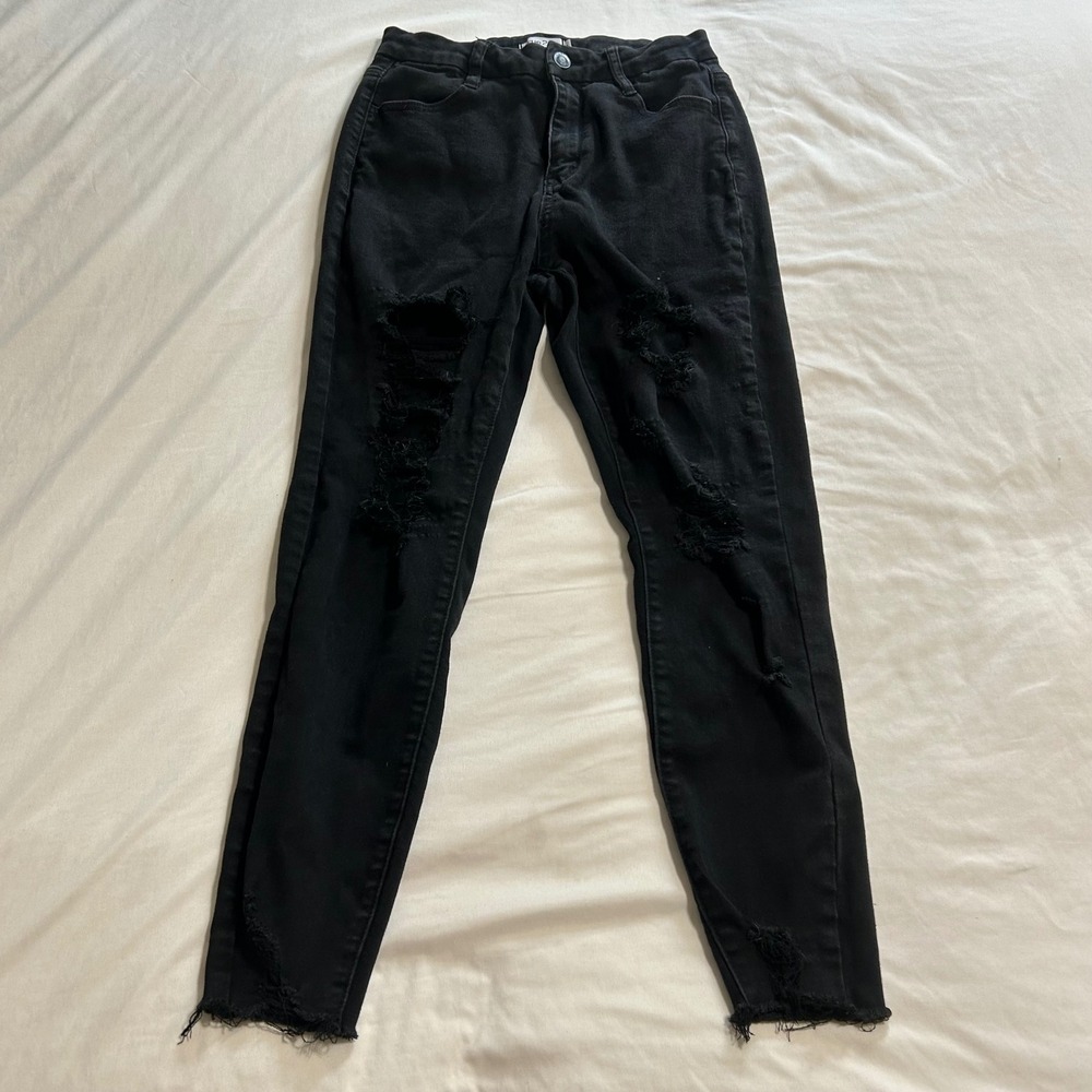 Rue21 Womens Black Distressed Skinny Jeans High Rise Frayed Hem Size 8